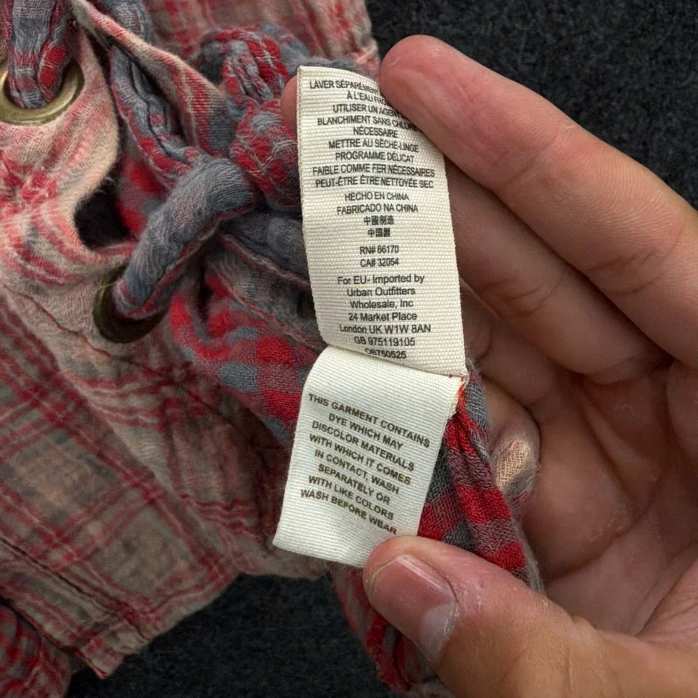 Free People Red Plaid Cotton Gauze Lace Up Side Button Down Shirt Top Boho